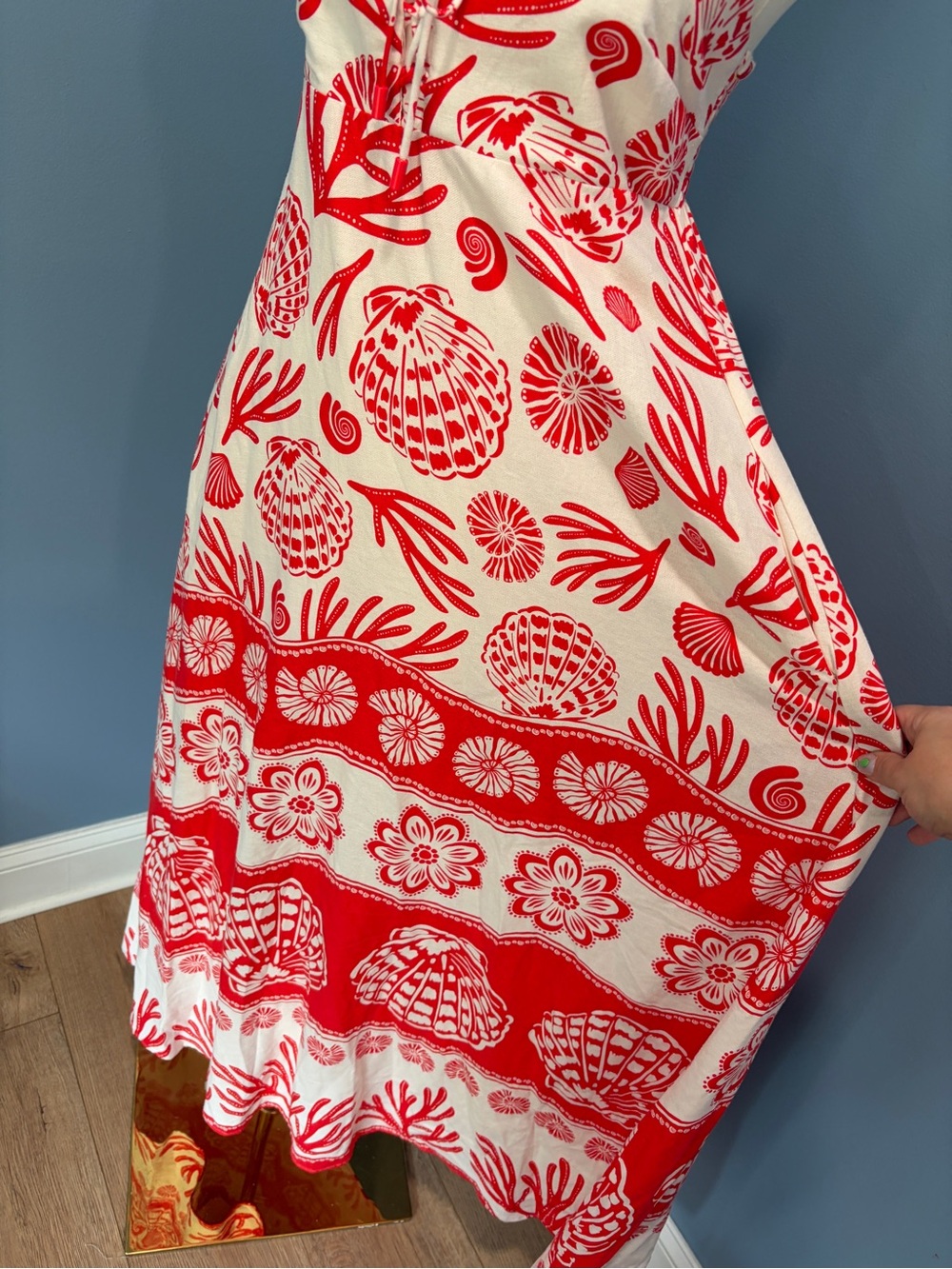 Calypso St. Barth Red White Seashell Linen Blend Maxi Dress Small Coastal NWT - Picture 8 of 11